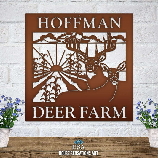 Custom Metal Deer Sign with Rustic Corn Rows & Sunset Design - HouseSensationsArt