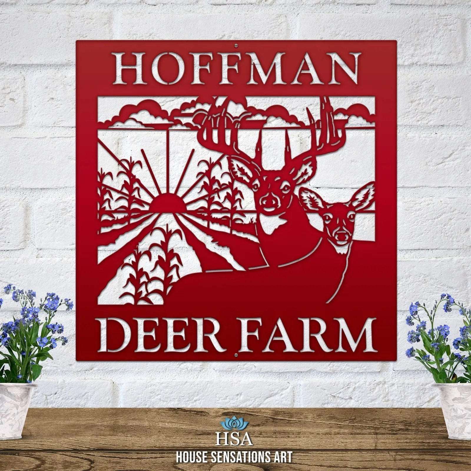 Custom Metal Deer Sign with Rustic Corn Rows & Sunset Design - HouseSensationsArt