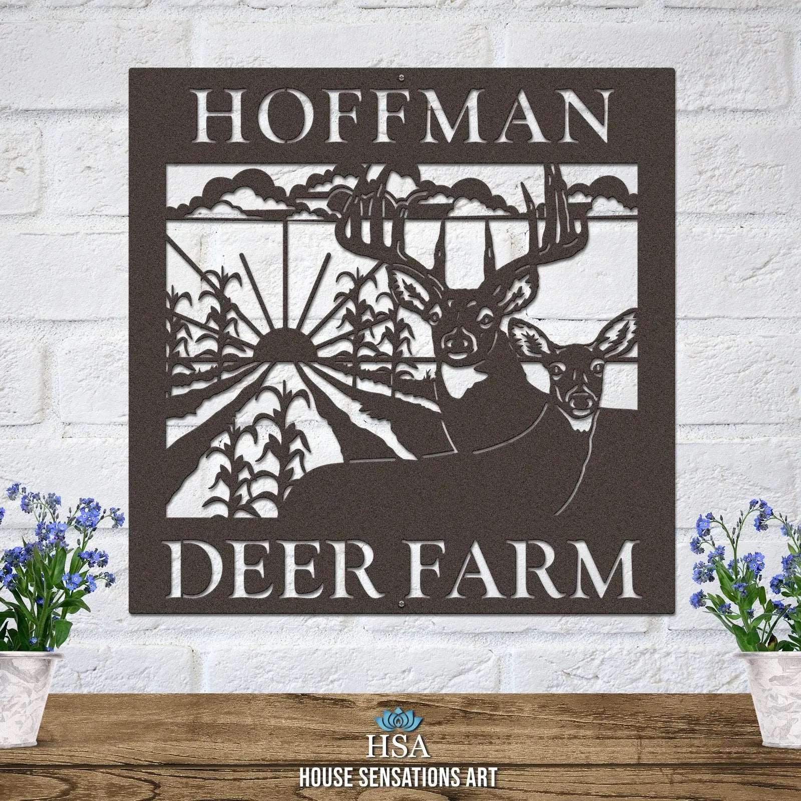 Custom Metal Deer Sign with Rustic Corn Rows & Sunset Design - HouseSensationsArt