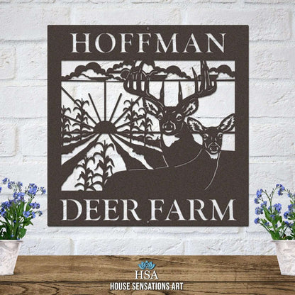 Custom Metal Deer Sign with Rustic Corn Rows & Sunset Design - HouseSensationsArt