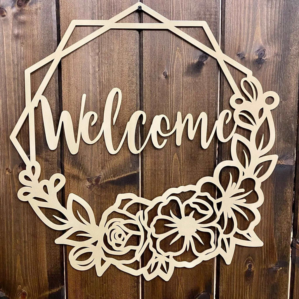 Decorative wooden “Welcome” sign with floral designs on wooden background, custom indoor or outdoor home décor accent