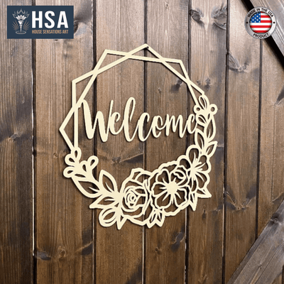 Decorative “Welcome” metal sign with floral design on wooden background, featuring HSA branding, custom indoor or outdoor home décor