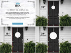 HSA decorative wreath size examples with door hanger measurements on white wall, showcasing custom metal sign dimensions and installation options
