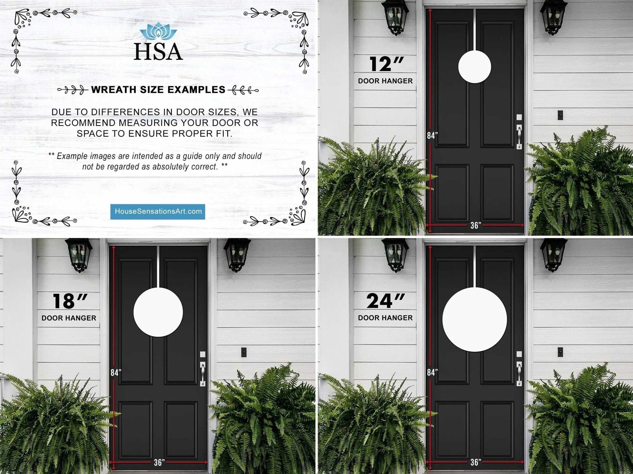 HSA decorative wreath size examples with door hanger measurements on white wall, showcasing custom metal sign dimensions and installation options