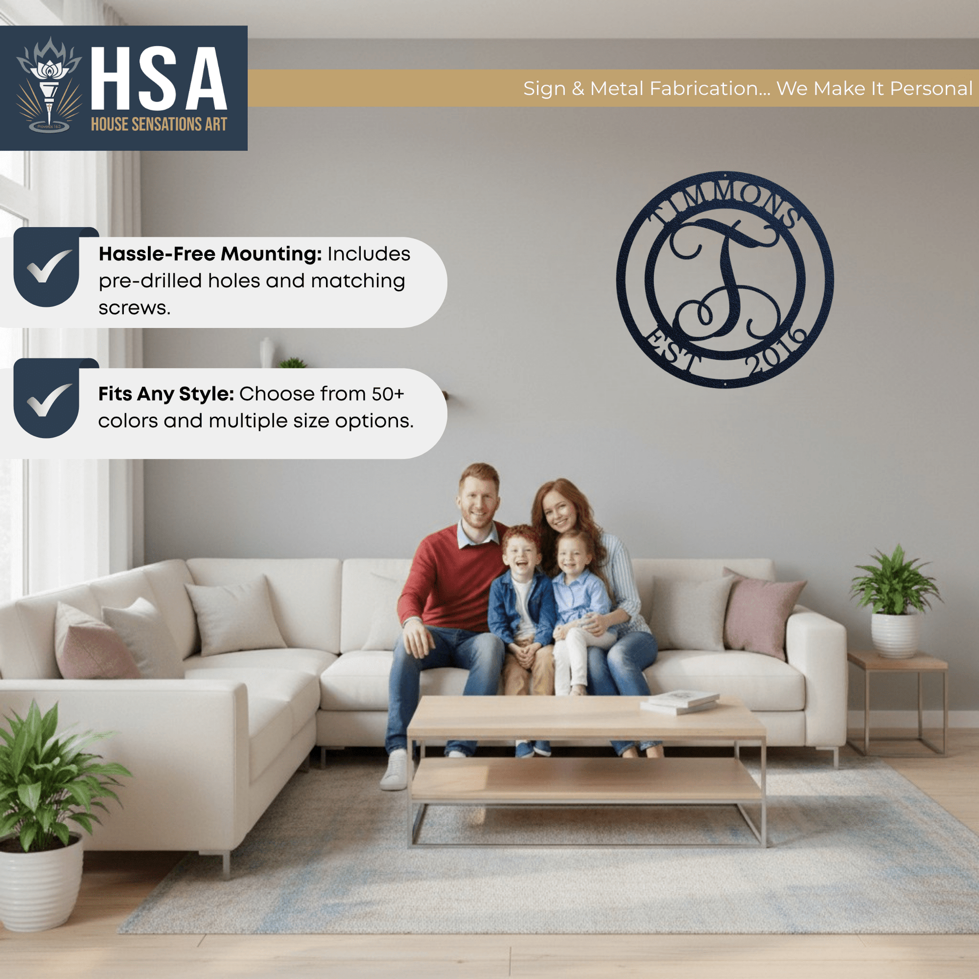 Custom Metal Family Name Sign – Personalized Monogram Wall Art - HouseSensationsArt