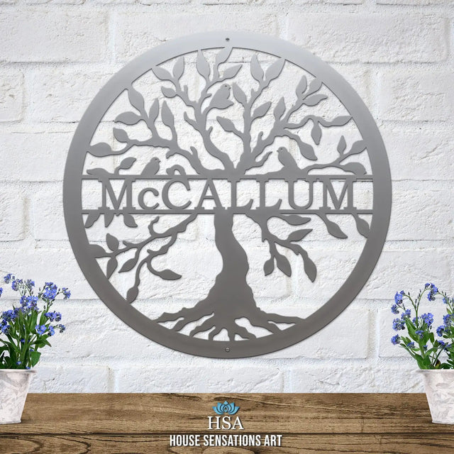 Custom metal family tree wall sign – personalized last name decor for home entryway or wedding gift