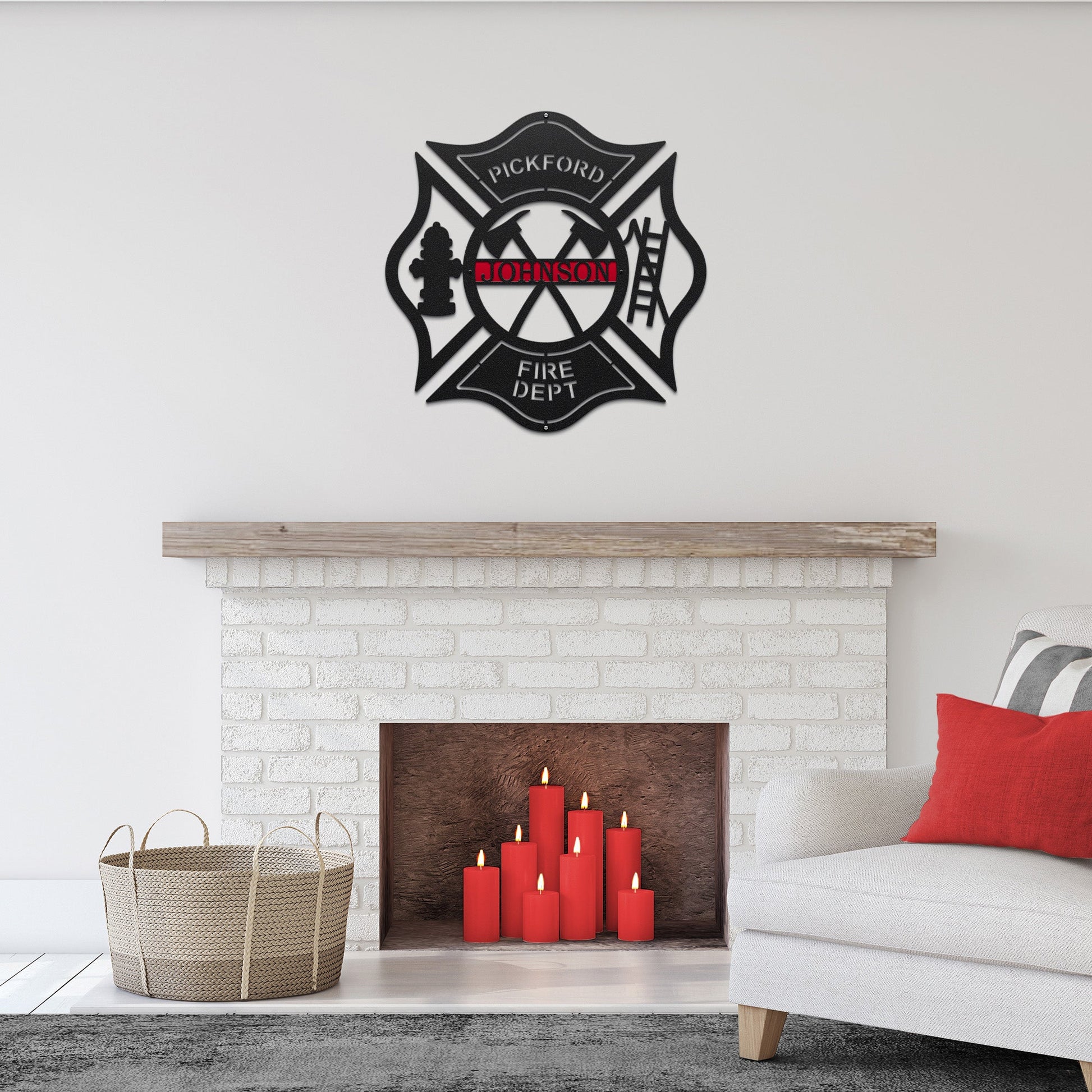Custom metal firefighter address sign – engraved Maltese cross design with name and number for home decor.