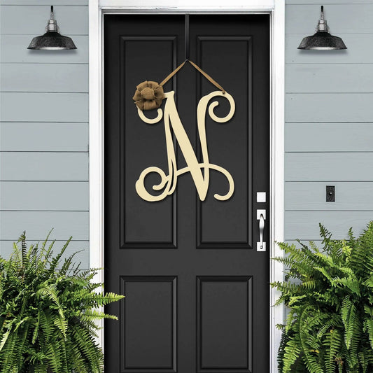 Cream letter N metal door wreath – custom front door decor with initial for last name personalization
