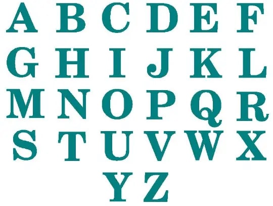Custom metal gate sign lettering set A–Z, teal alphabet letters for personalized family or business décor on white background.