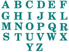 Custom metal gate sign lettering set A–Z, teal alphabet letters for personalized family or business décor on white background.