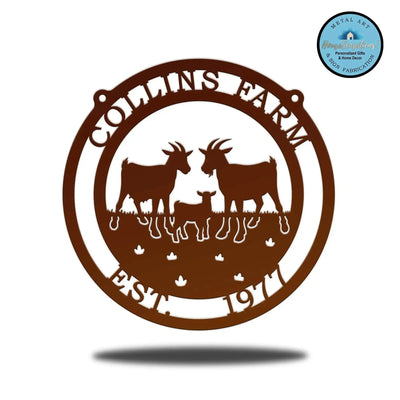 Decorative metal barn sign with “Collins Farm” text and farm animal designs on white background, front door outdoor plaque, rustic décor