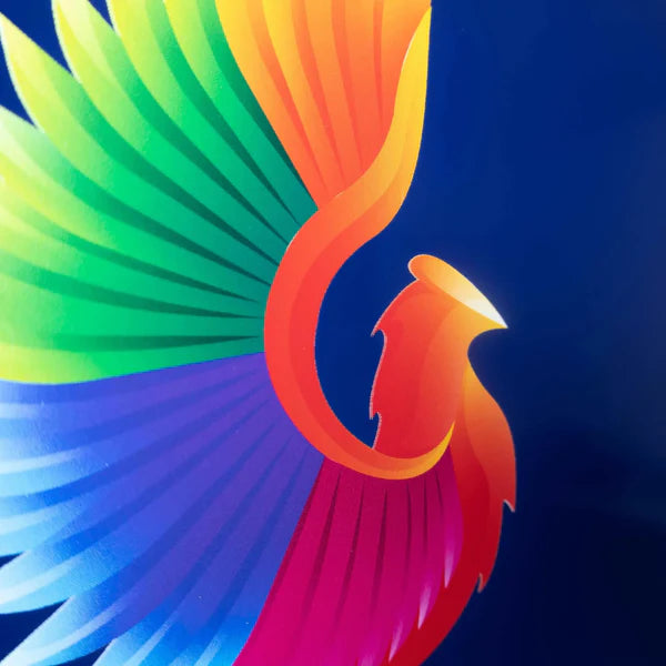 Close-up of a stylized bird logo with gradient wings on a deep blue background, featuring vibrant blue, purple, green, and orange.