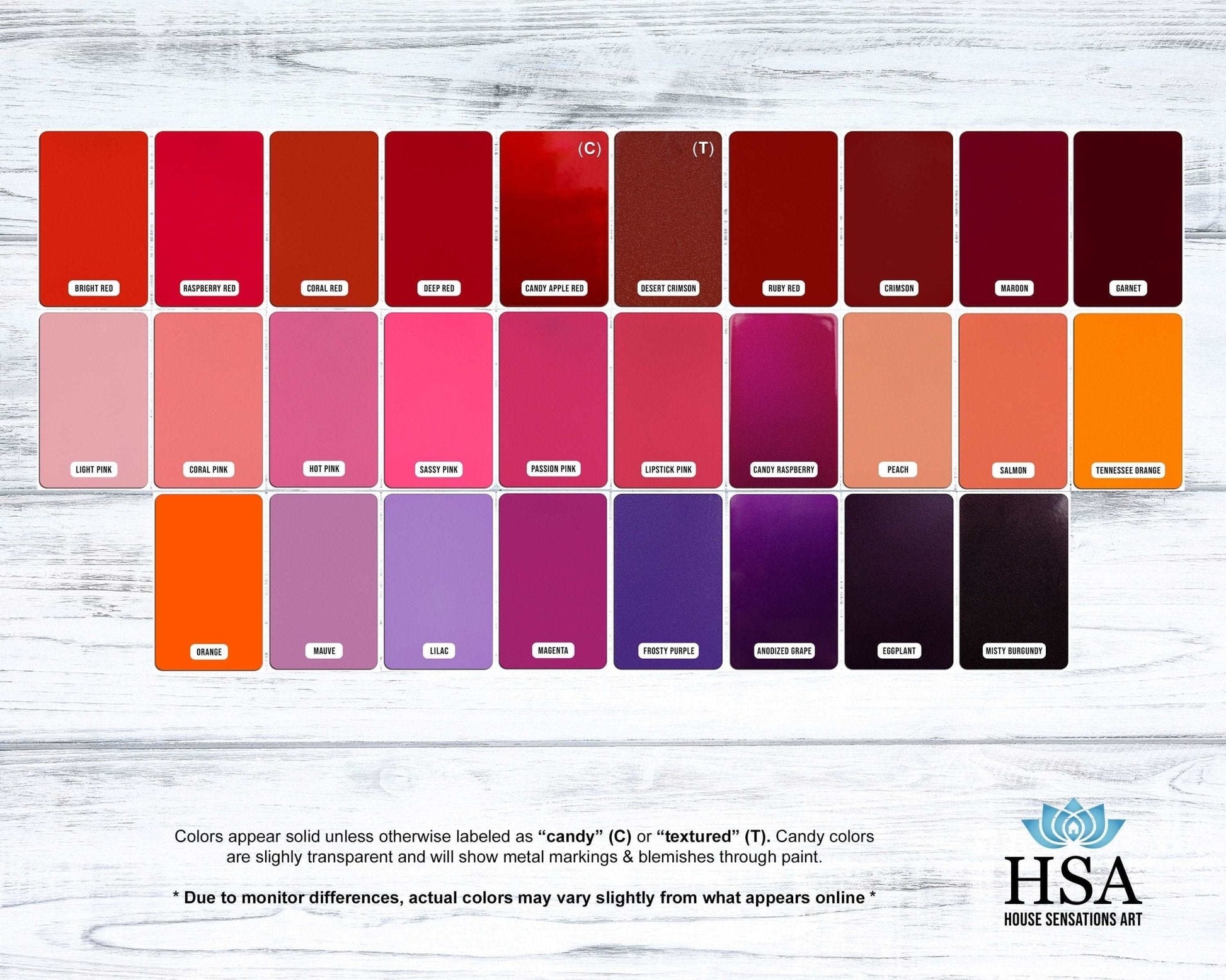 Powder coat color chart showing finishes: Candy or Textured, with colors ranging from bright red to misty burgundy.