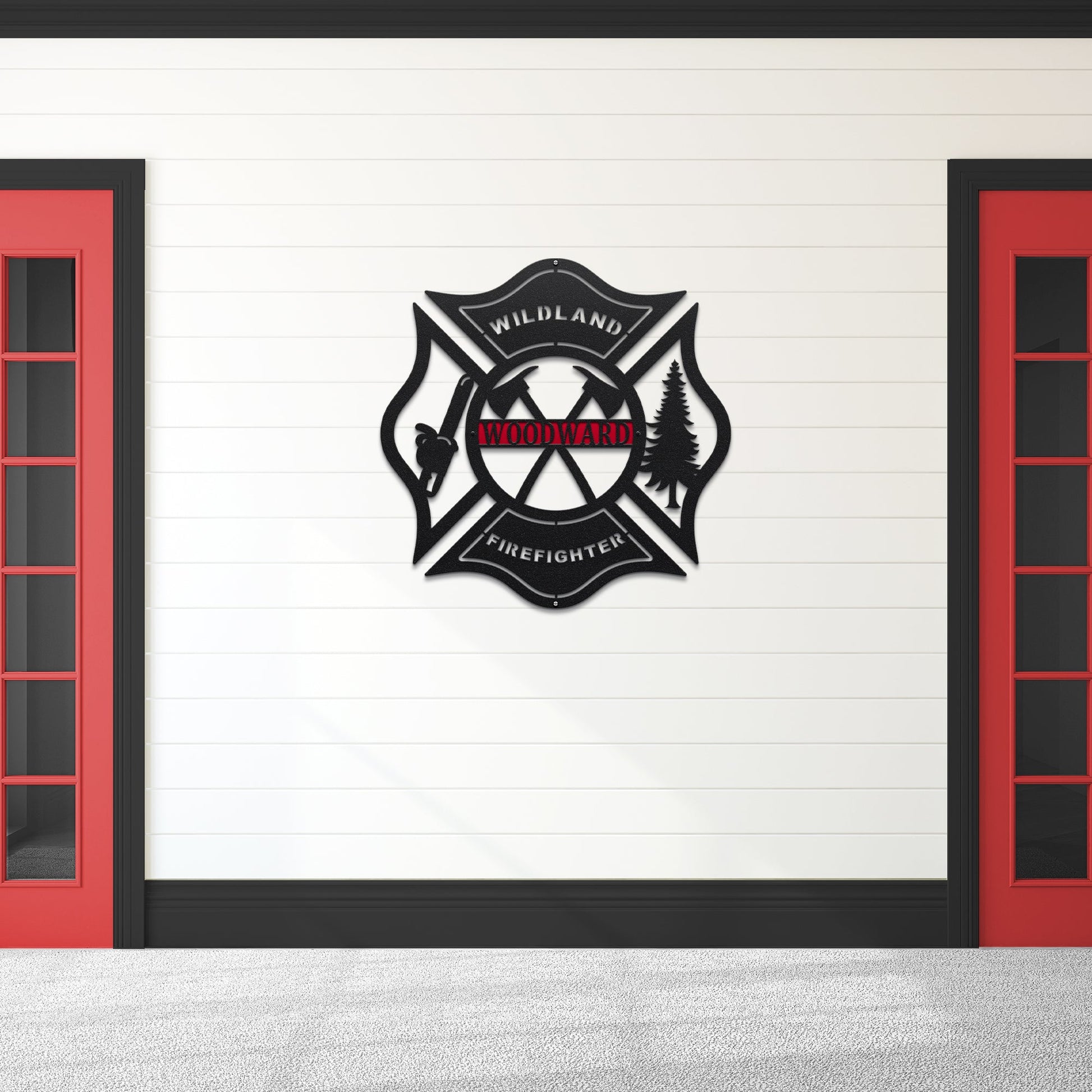 Custom metal Wildland Firefighter name sign – personalized address plaque with Maltese cross emblem.