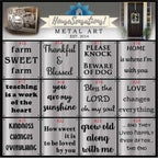 Collection of metal art signs featuring various sayings, displayed on a white background, showcasing customizable designs and durable decorative craftsmanship.