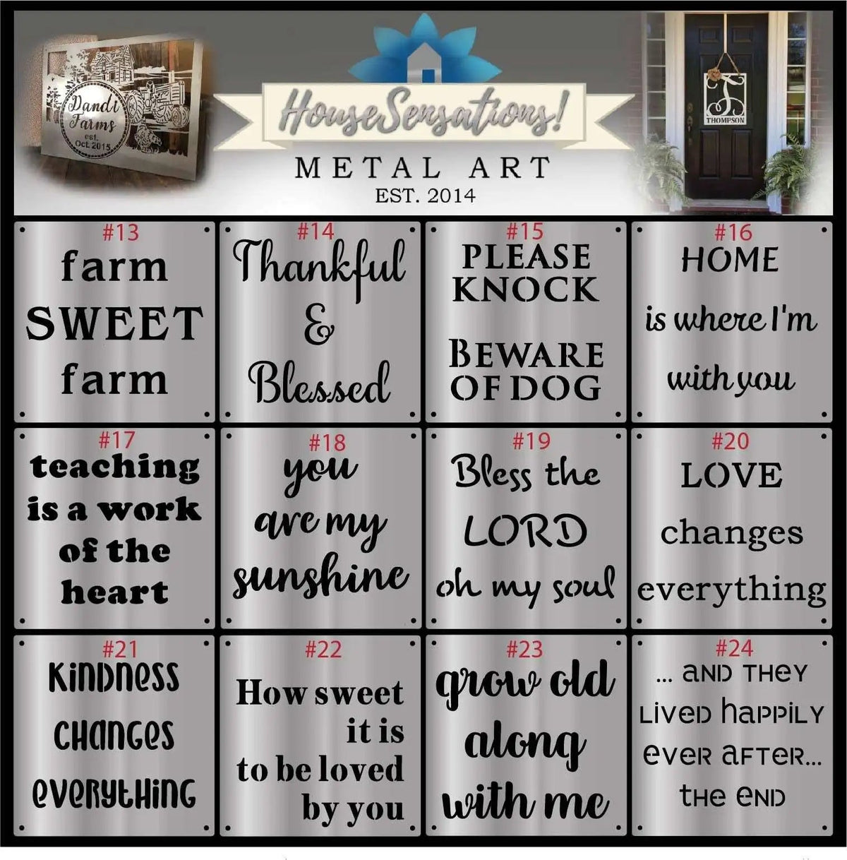 Collection of metal art signs featuring various sayings, displayed on a white background, showcasing customizable designs and durable decorative craftsmanship.