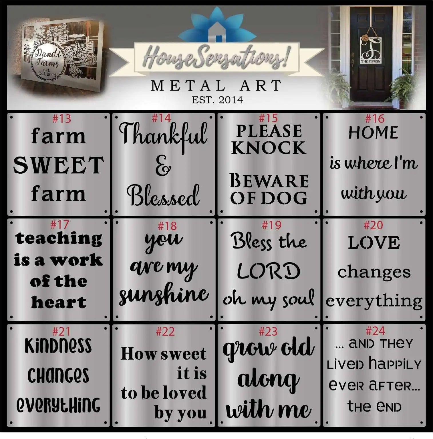 Collection of metal art signs featuring various sayings, displayed on a white background, showcasing customizable designs and durable decorative craftsmanship.