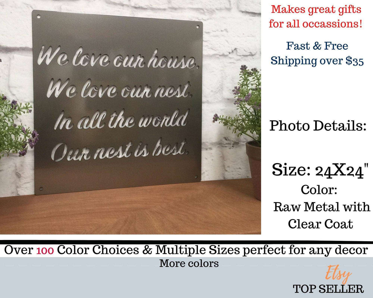 Decorative metal sign featuring engraved text, displayed on a wooden surface with plants, highlighting elegant design, rustic charm, and durable craftsmanship.