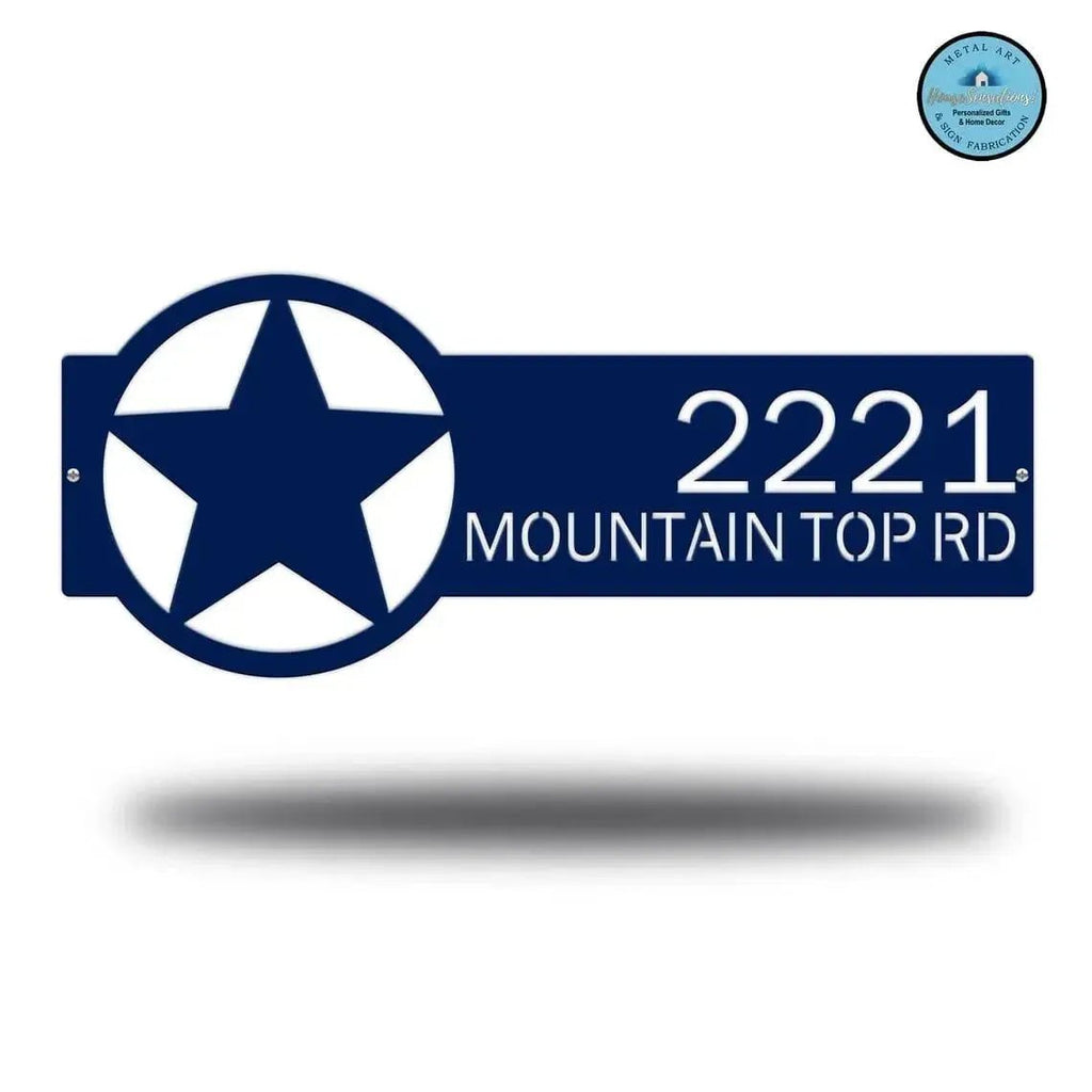 Custom blue metal address sign with star design, personalized monogram house numbers, powder coated outdoor plaque on white background