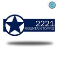 Custom blue metal address sign with star design, personalized monogram house numbers, powder coated outdoor plaque on white background