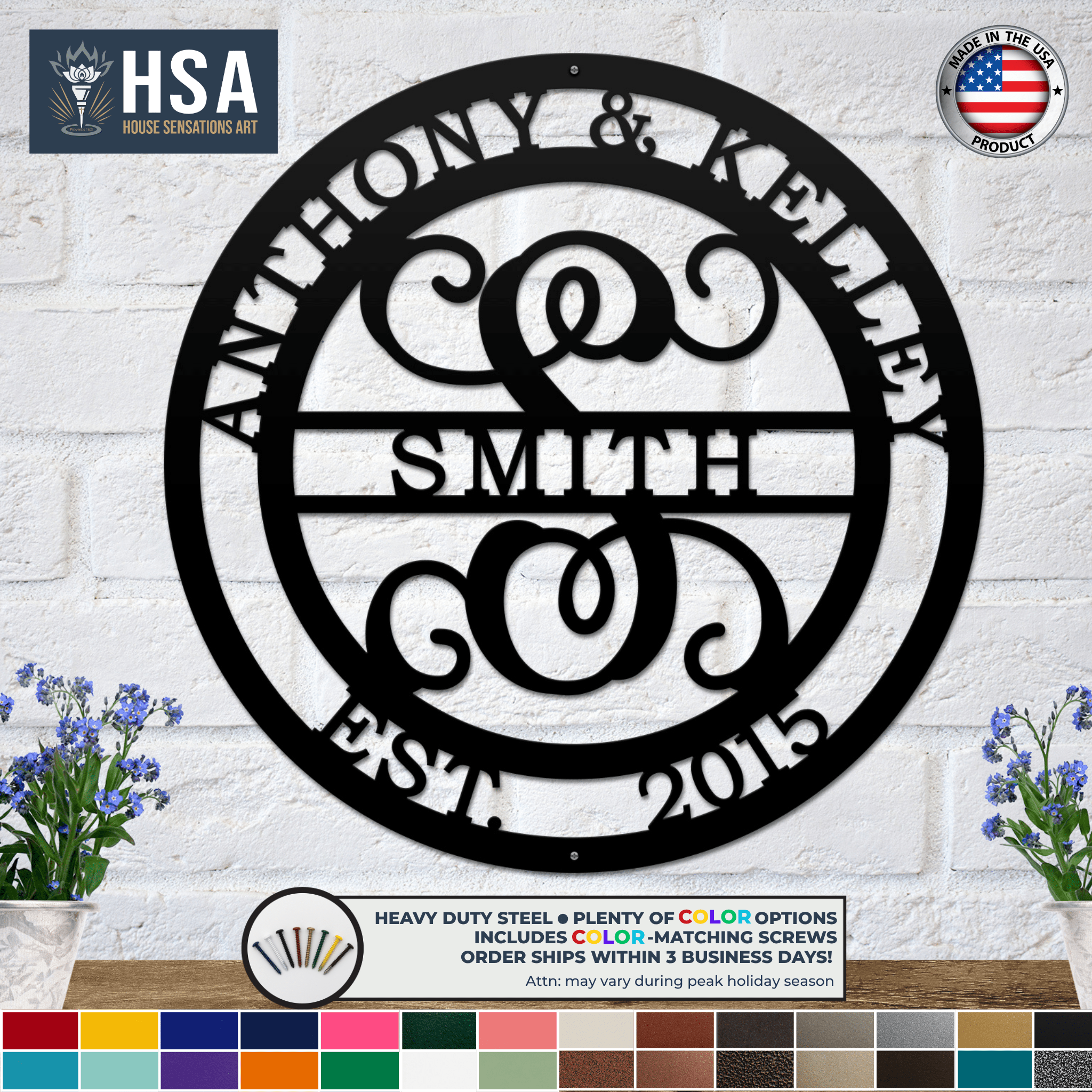 HSA-branded personalized monogram family metal wall décor with names “Anthony & Kelley Smith,” ideal for wedding gifts, indoor home décor, and custom family name signage.