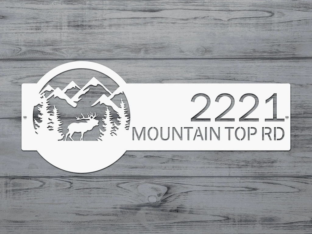 Custom metal moose sign with mountain and elk design on wooden background, rustic outdoor cabin decor