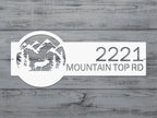 Custom metal moose sign with mountain and elk design on wooden background, rustic outdoor cabin decor