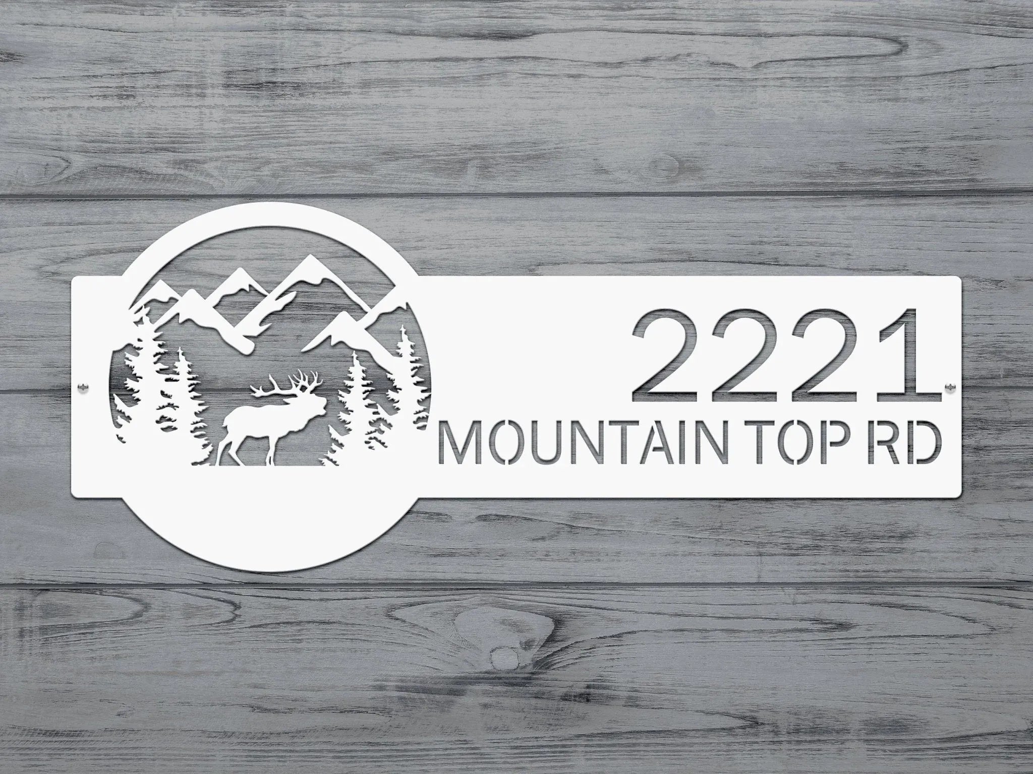 Custom metal moose sign with mountain and elk design on wooden background, rustic outdoor cabin decor