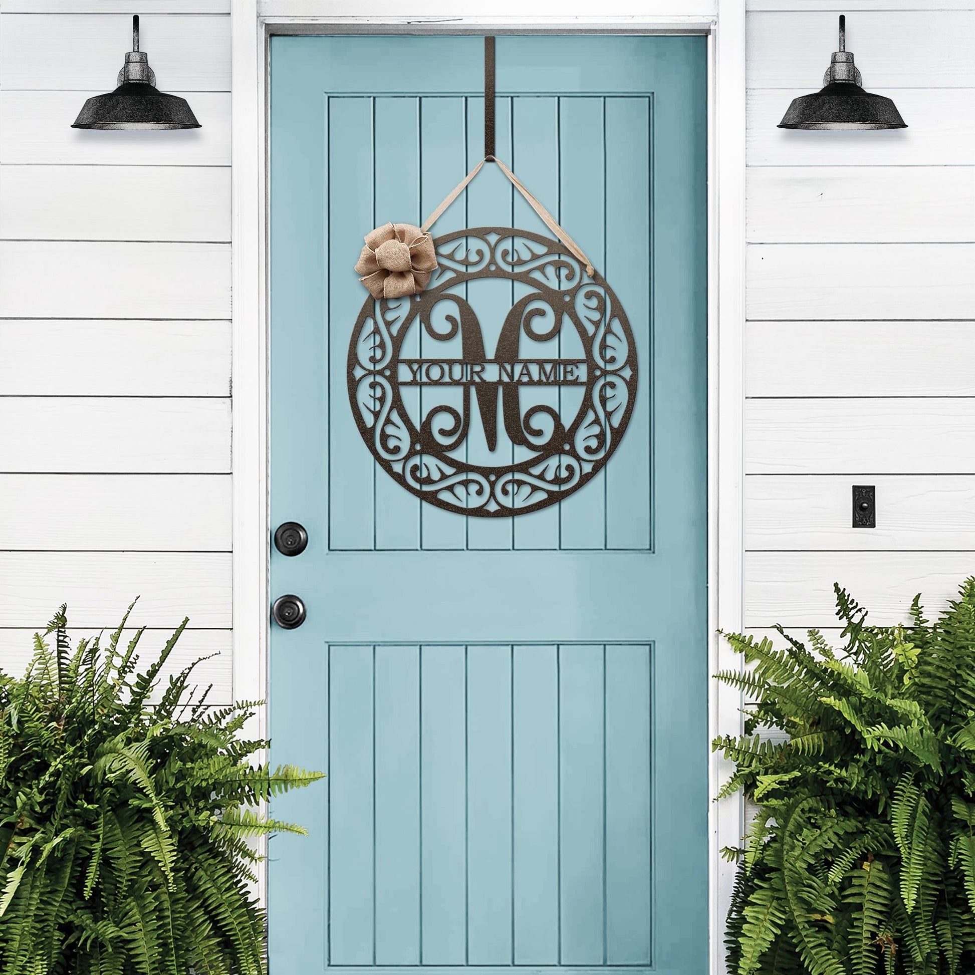 Custom Mosaic Metal Wreath with initial – oil-rubbed bronze monogram sign for rustic front door decor.