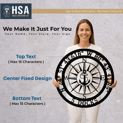 Custom Nautical Anchor GPS Sign Compass Metal Sign, Boat Name Plaque, Coastal Wall Art, Marine Gift Idea - TTS - HouseSensationsArt