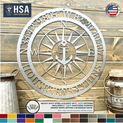 Custom Nautical Anchor GPS Sign Compass Metal Sign, Boat Name Plaque, Coastal Wall Art, Marine Gift Idea - TTS - HouseSensationsArt