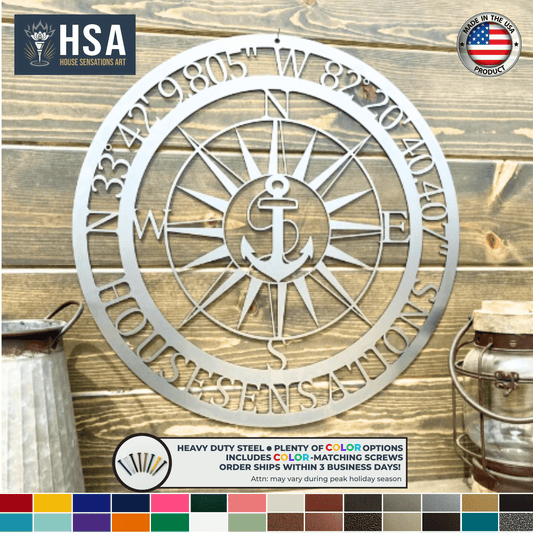 Custom Nautical Anchor GPS Sign Compass Metal Sign, Boat Name Plaque, Coastal Wall Art, Marine Gift Idea - TTS - HouseSensationsArt