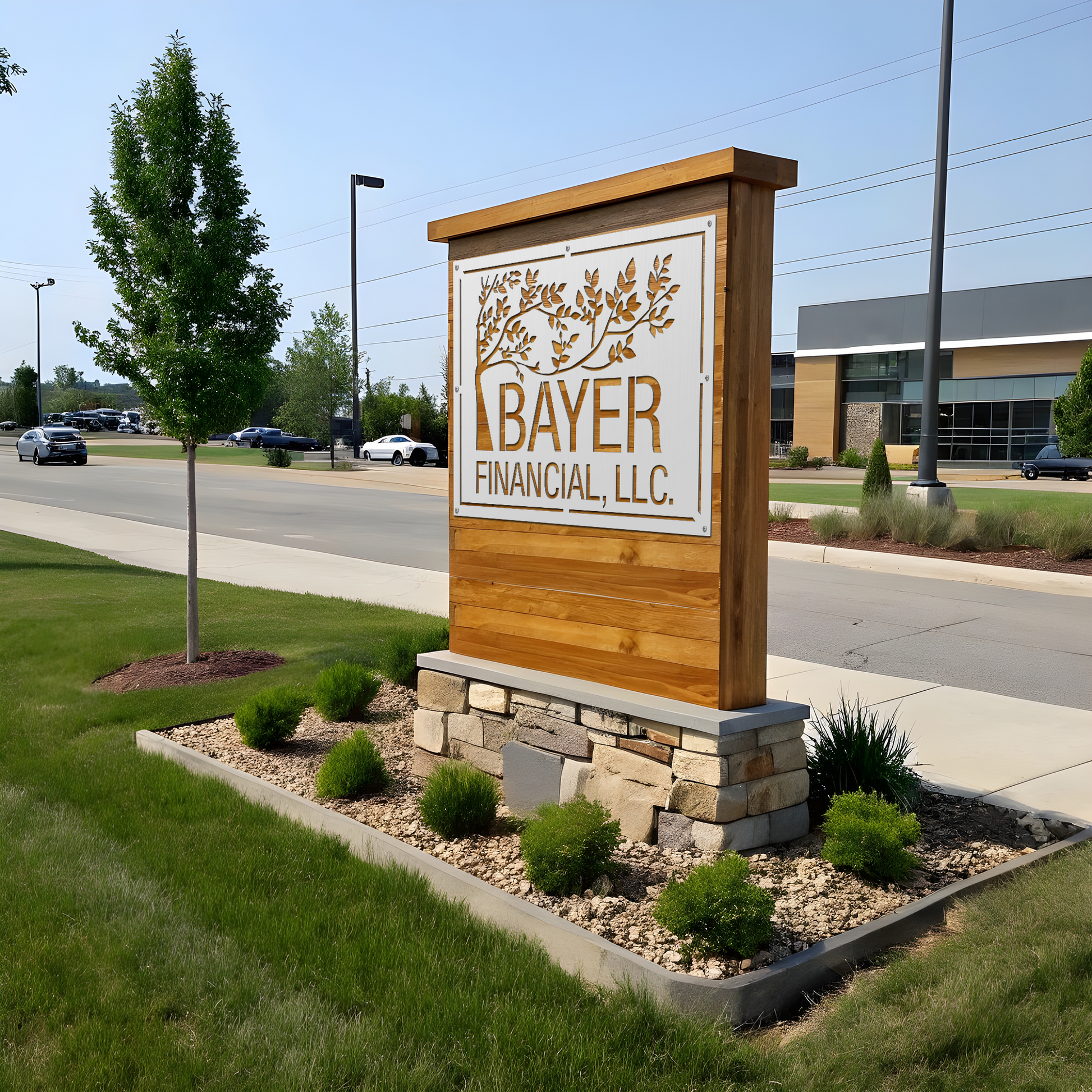 Custom outdoor storefront sign made from brushed aluminum, offering a modern and professional look for business branding.