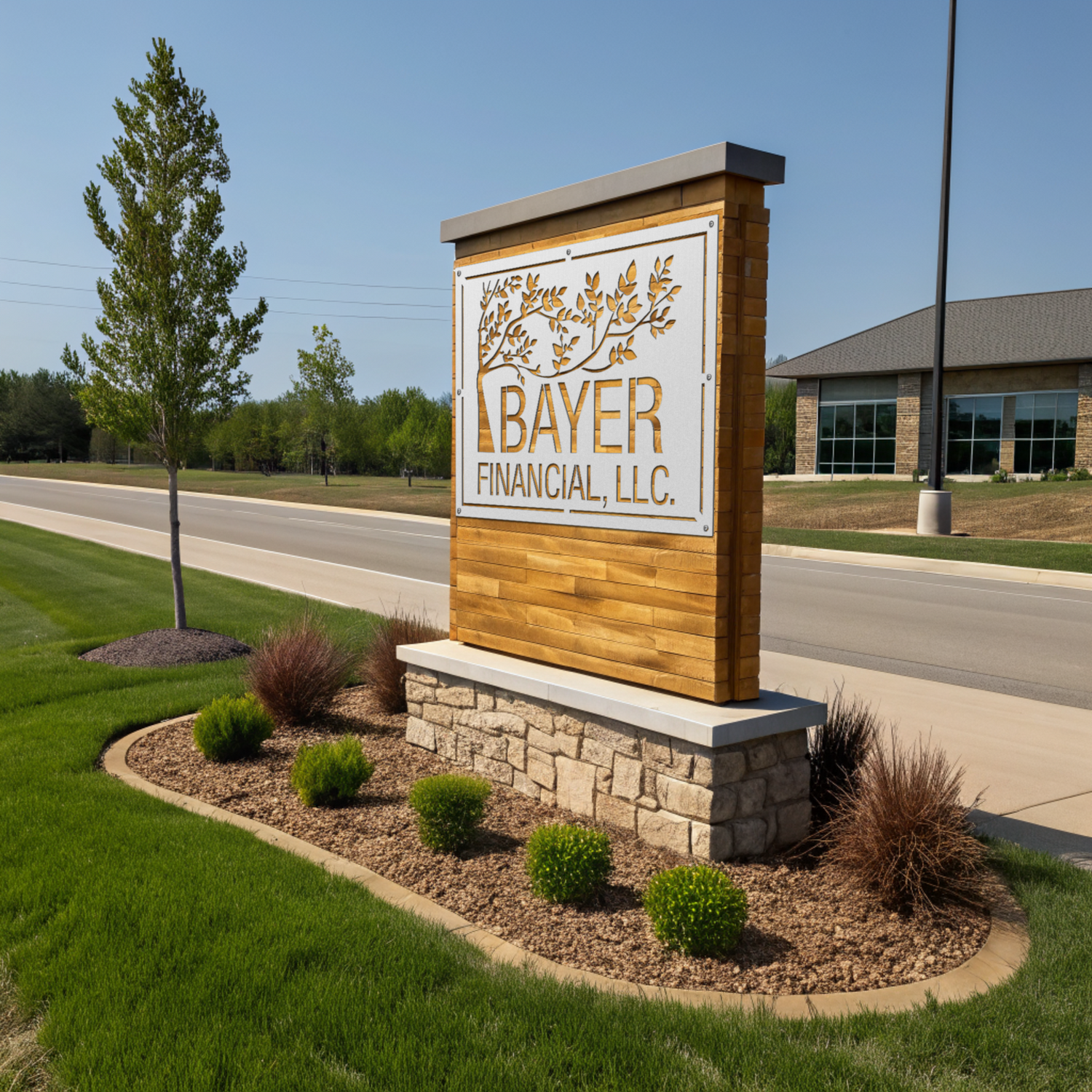 Custom outdoor storefront sign made from brushed aluminum, offering a modern and professional look for business branding.