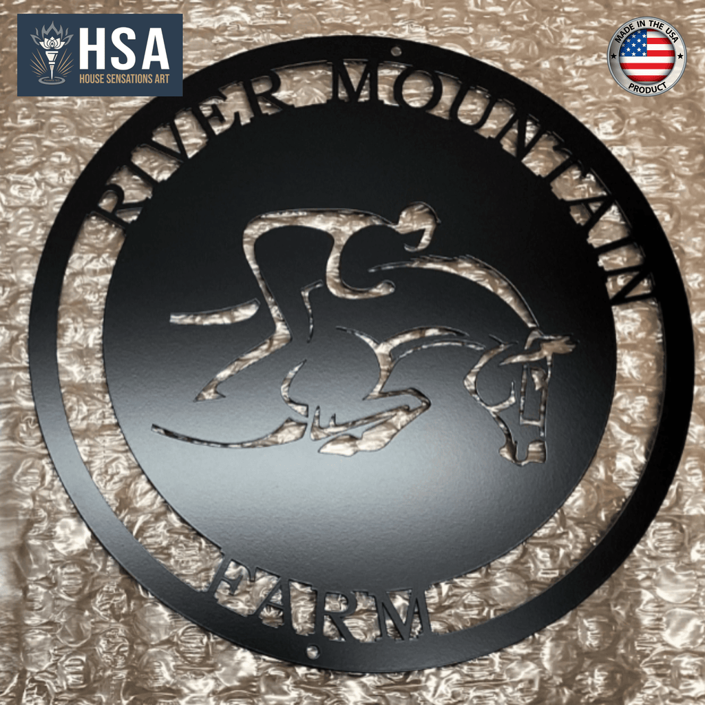 Personalized metal farm sign featuring a horse and rider silhouette with “River Mountain Farm” text on a textured background, ideal for ranch, farmhouse décor, and custom property signage.