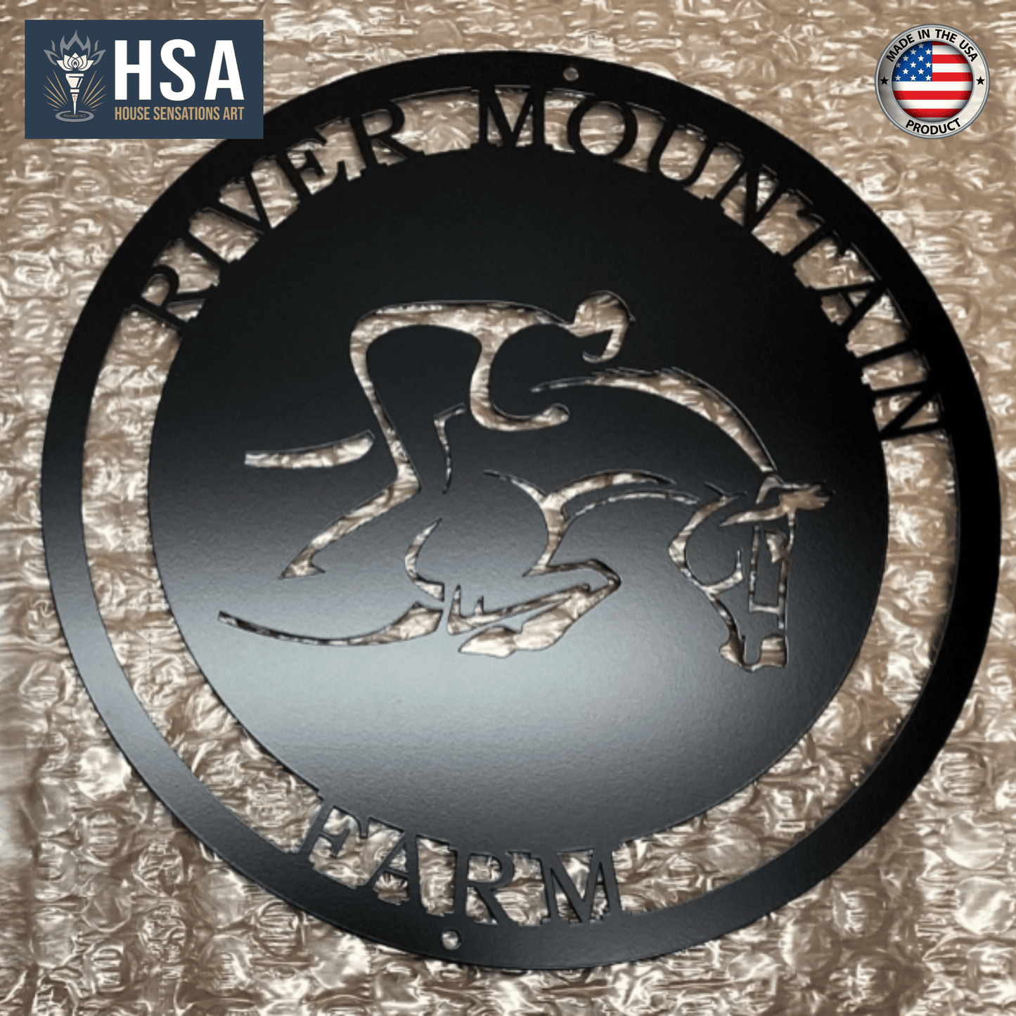 Personalized metal farm sign featuring a horse and rider silhouette with “River Mountain Farm” text on a textured background, ideal for ranch, farmhouse décor, and custom property signage.