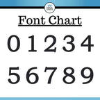 Font chart displaying numbers 0 through 9 on white background with blue borders, showcasing custom metal sign typography and house number styles