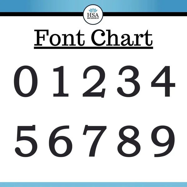 Font chart displaying numbers 0 through 9 on white background with blue borders, showcasing custom metal sign typography and house number styles