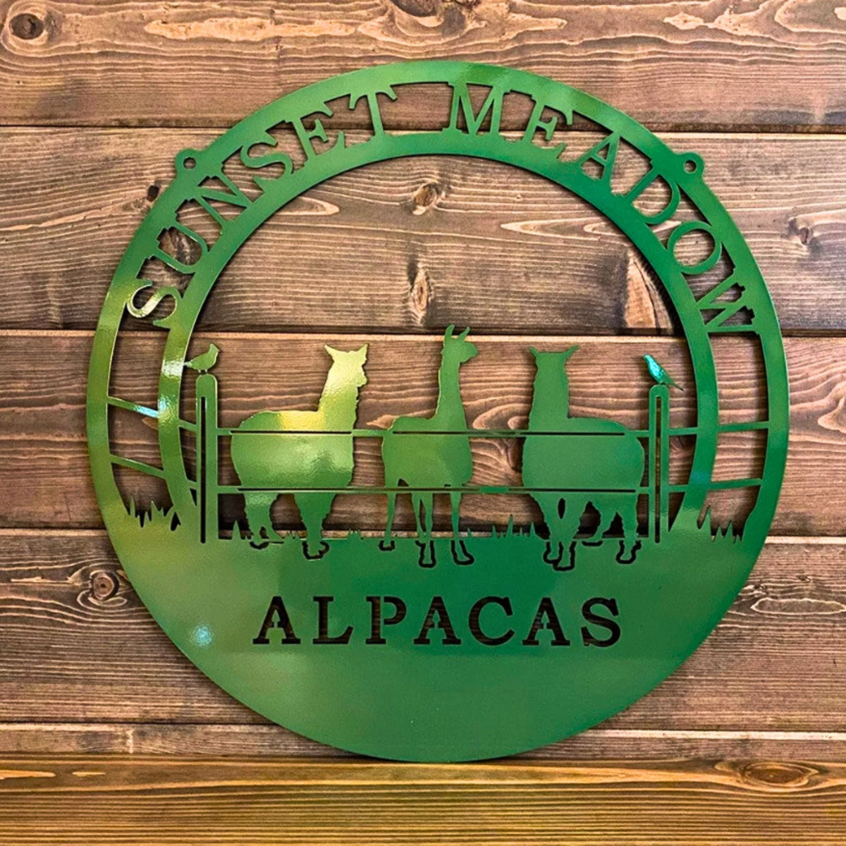 HouseSensationsArt custom rustic metal farmhouse sign featuring alpaca design and “Sunset Meadow Alpacas” text, durable decorative wall art on wood background.