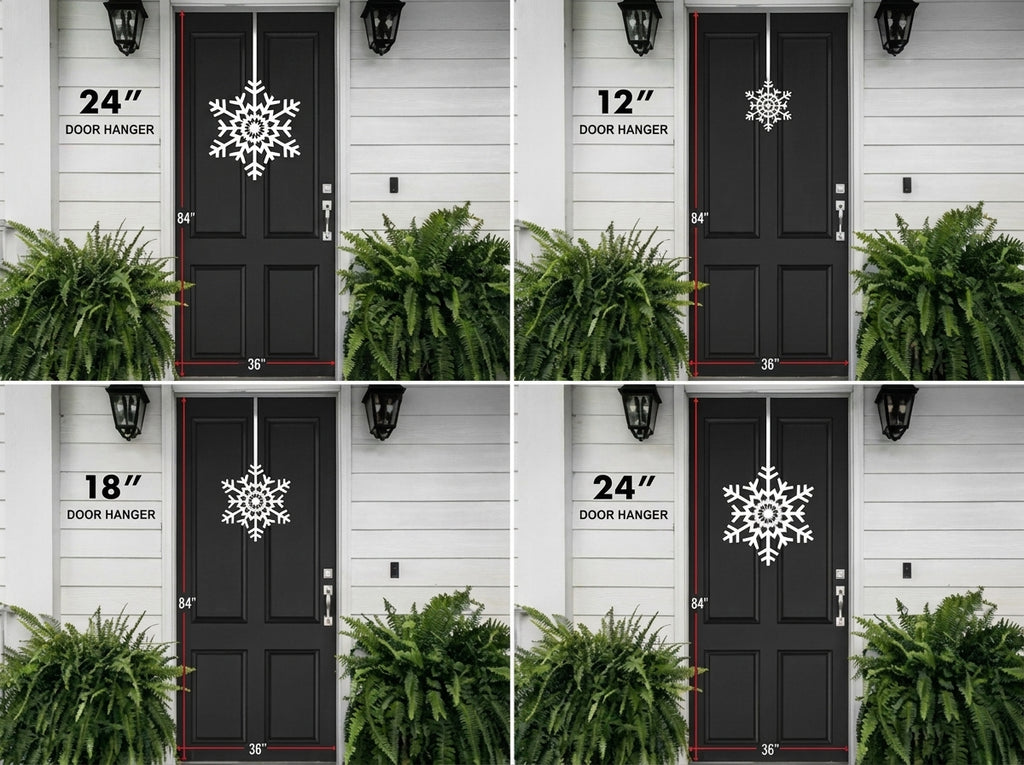 HSA wreath size examples displayed on a white door with door hangers and measurements, showcasing different dimensions and installation options for accurate selection.