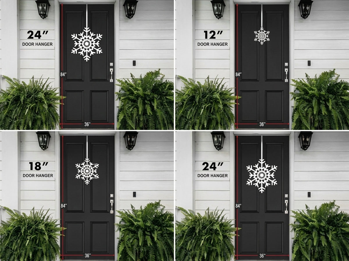 HSA wreath size examples displayed on a white door with door hangers and measurements, showcasing different dimensions and installation options for accurate selection.