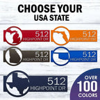 Set of customizable metal address labels with state outlines and “512 Highpoint DR” text on a white background, HouseSensationsArt