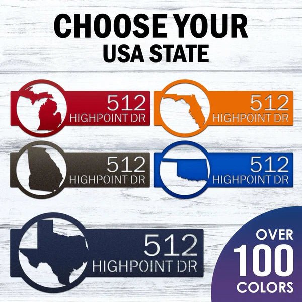 Set of customizable metal address labels with state outlines and “512 Highpoint DR” text on a white background, HouseSensationsArt