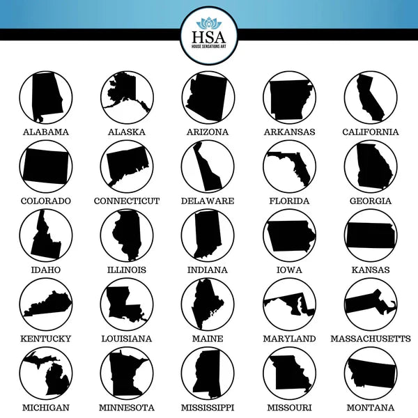 Map of the United States showing state outlines with labels and HSA logo at the top for customizable metal address signs, HouseSensationsArt