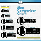 Size comparison chart for customizable metal “Muscadine LN” address signs with HSA logo, HouseSensationsArt