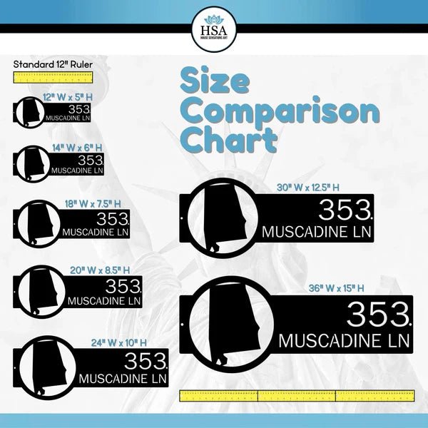 Size comparison chart for customizable metal “Muscadine LN” address signs with HSA logo, HouseSensationsArt