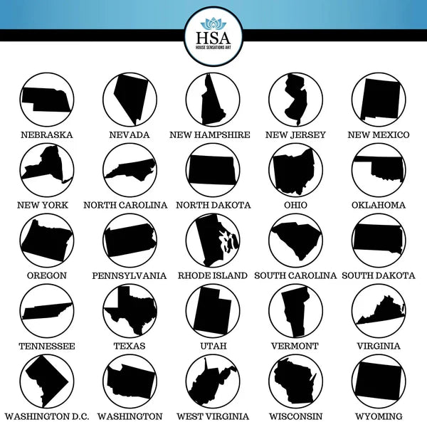 United States map with labeled state outlines for selecting custom metal address signs, HSA logo at the top, HouseSensationsArt