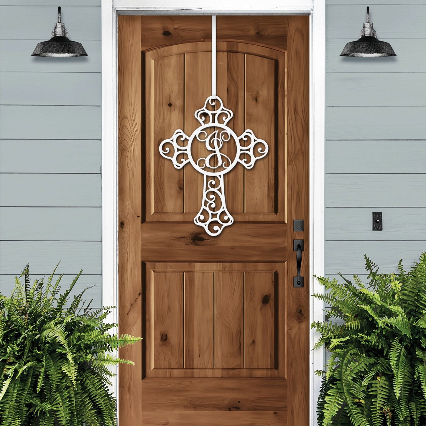 Custom Swirl Monogram Cross Door Sign - Personalized Metal Sign for Front Door, Home & Garden - Weather - Resistant, Indoor & Outdoor Decor - HouseSensationsArt