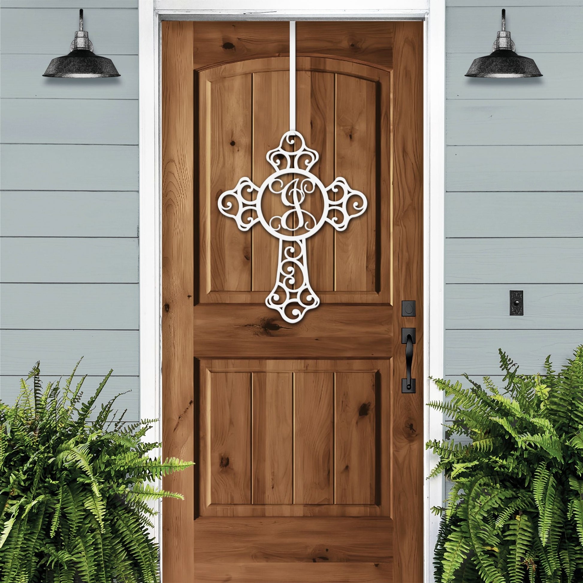 Custom Swirl Monogram Cross Door Sign - Personalized Metal Sign for Front Door, Home & Garden - Weather - Resistant, Indoor & Outdoor Decor - HouseSensationsArt