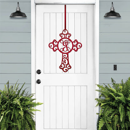 Custom Swirl Monogram Cross Door Sign - Personalized Metal Sign for Front Door, Home & Garden - Weather - Resistant, Indoor & Outdoor Decor - HouseSensationsArt